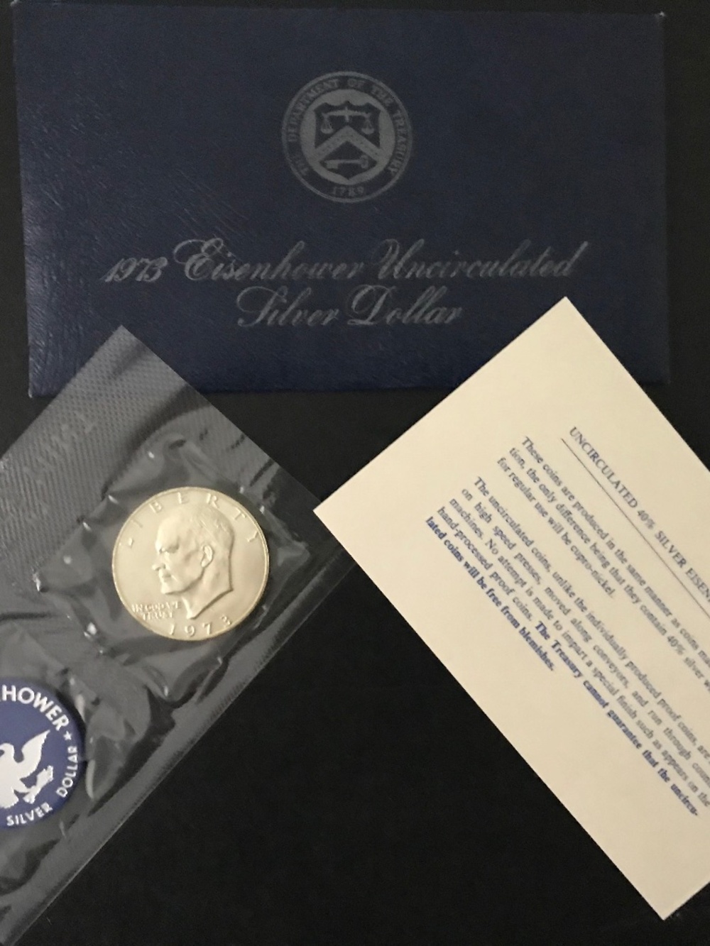 1973 S Eisenhower Silver Dollar US Mint Uncirculated 40% Blue Envelope & C